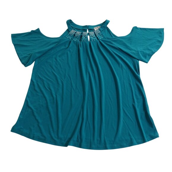 Late August Green Cold-Shoulder Top Women Size L Studded Neckline Short Sleeve - Picture 1 of 9